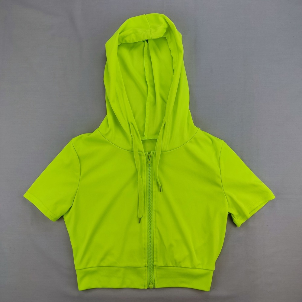 Unbranded Short Sleeve Hoodie Girls S Neon Lime Green Full Zip Crop Active Top